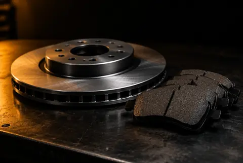 A brake rotor and brake pads on a workbench