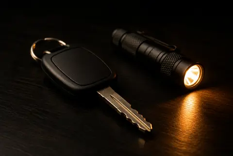 A car key beside an inspection flashlight